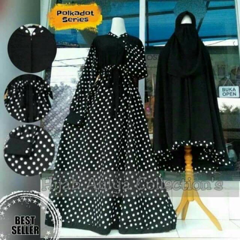 gamis syar’i polkadot series set khimar (free cadar) gamis polka ori by hijab aulya pemalang hitam