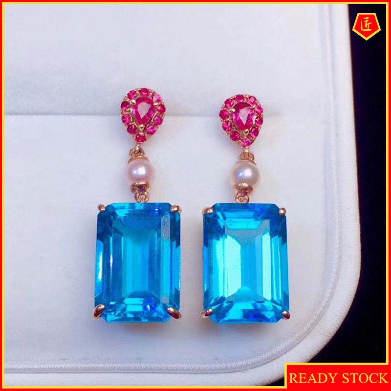 [Ready Stock]Fashion Inlaid Natural Topaz Blue Square Diamond Stud Earrings