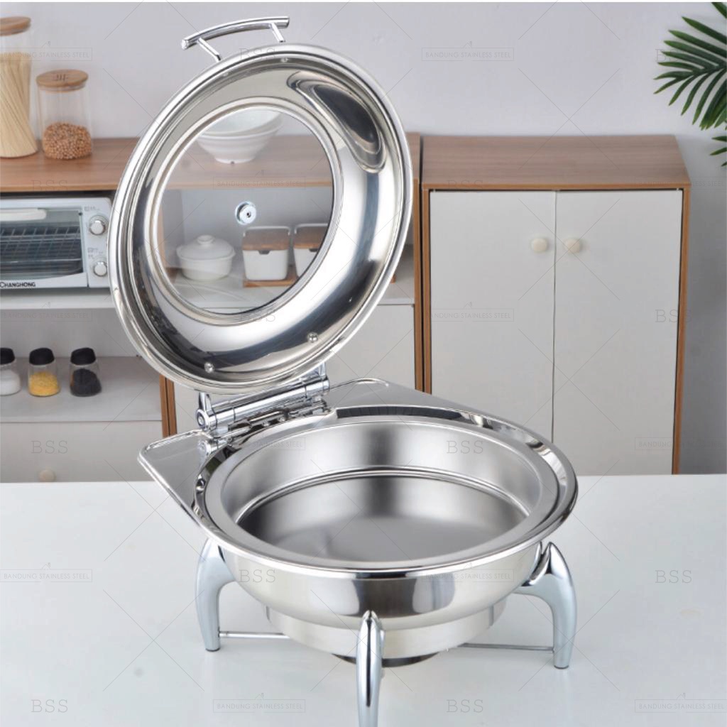 Chafing Dish Hidrolik Hydraulic 6L Prasmanan Stainless Kaca Tebal Kotak Bulat Wadah Tempat Makanan Saji Mewah Elegan