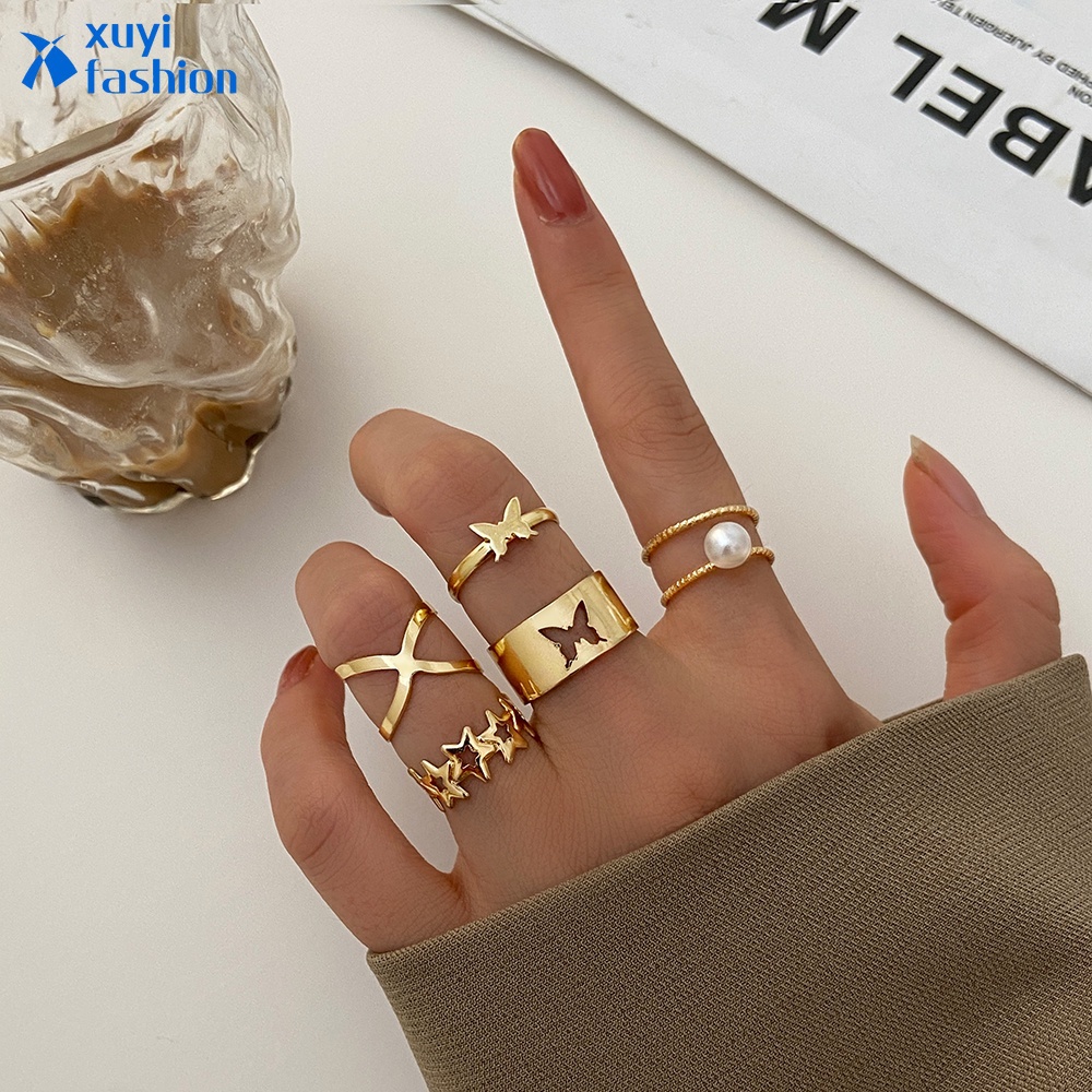 5Pcs/set Fashion Butterfly Pearl Ring Set Retro Geometry Gold Rings Women Jewelry Accessories Gift