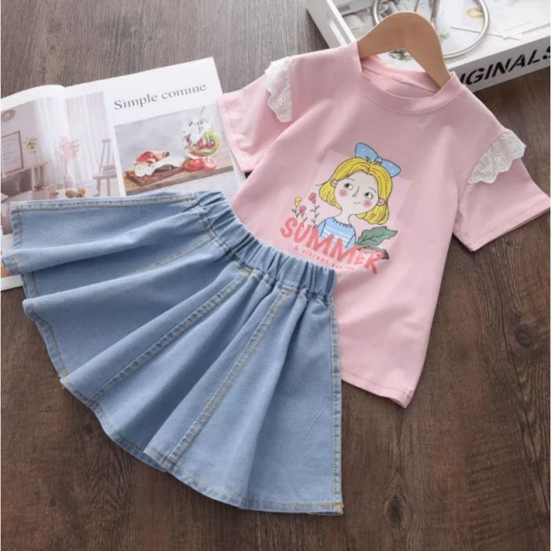 Setelan Kaos Anak 1-5 Tahun Satu Stel dengan Rok Jeans Baju Anak Import