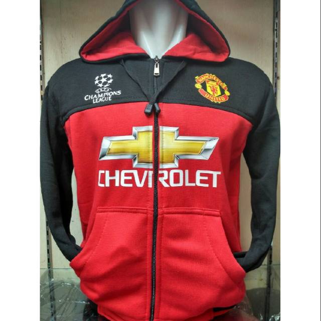Jaket sweater hoodie manchester united hitam merah resleting