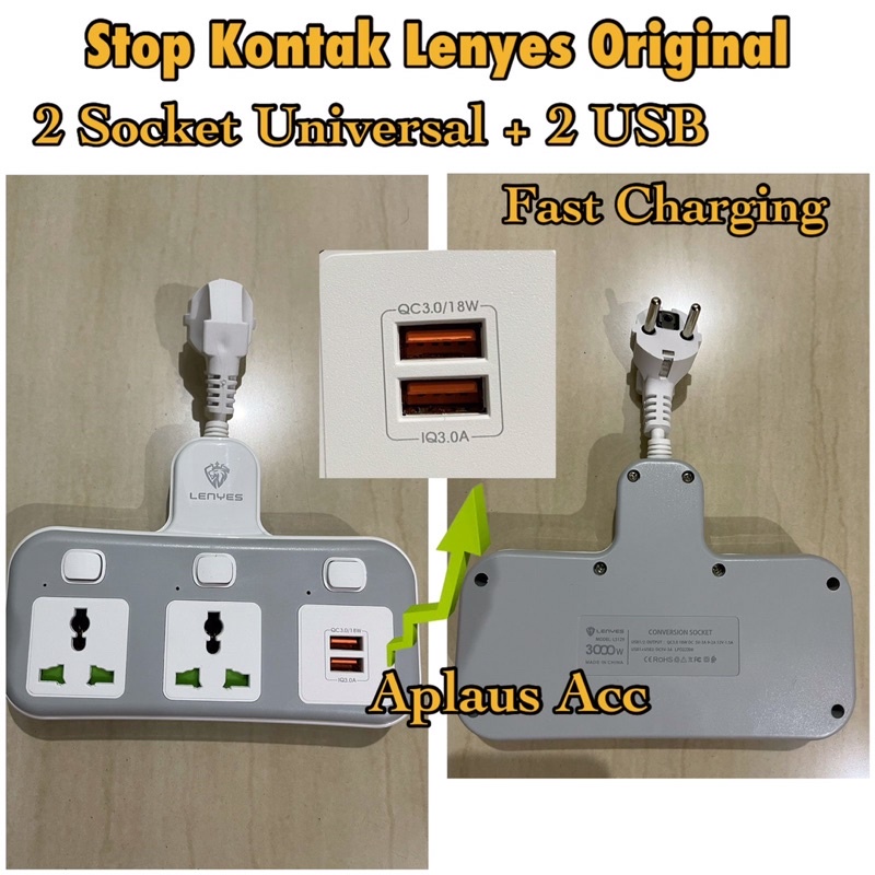 Stop Kontak Power Socket Universal LENYES Original + 2 USB Fast Charging