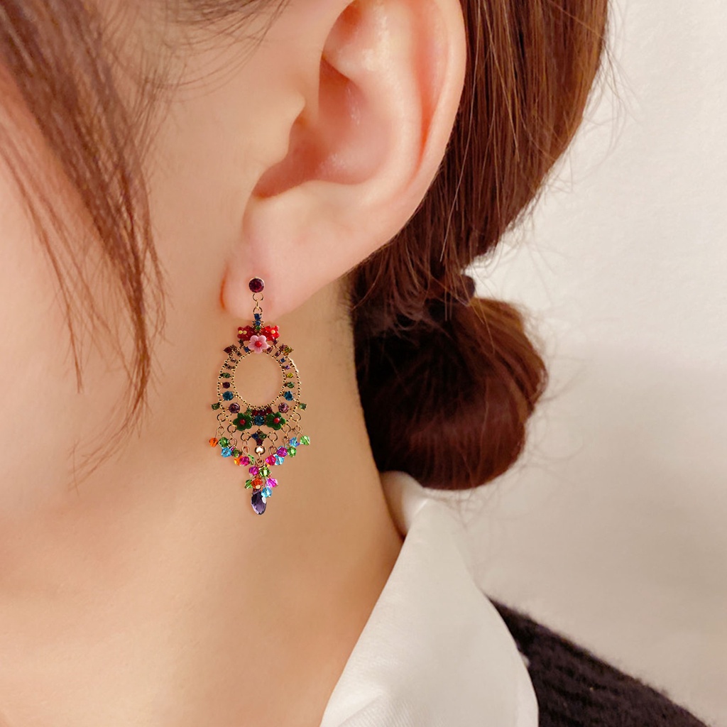 Hu Hu Hu Hu Hu Alat Bantu Pasang Kacamata♡ 1 Pasang Anting Rumbai Manik-Manik Bunga Berlian Imitasi Warna-Warni Gaya Bohemian Untuk Kencan