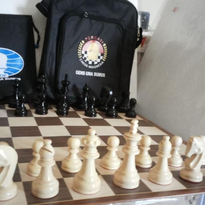 1 set papan catur kayu, buah kayu dan tas catur