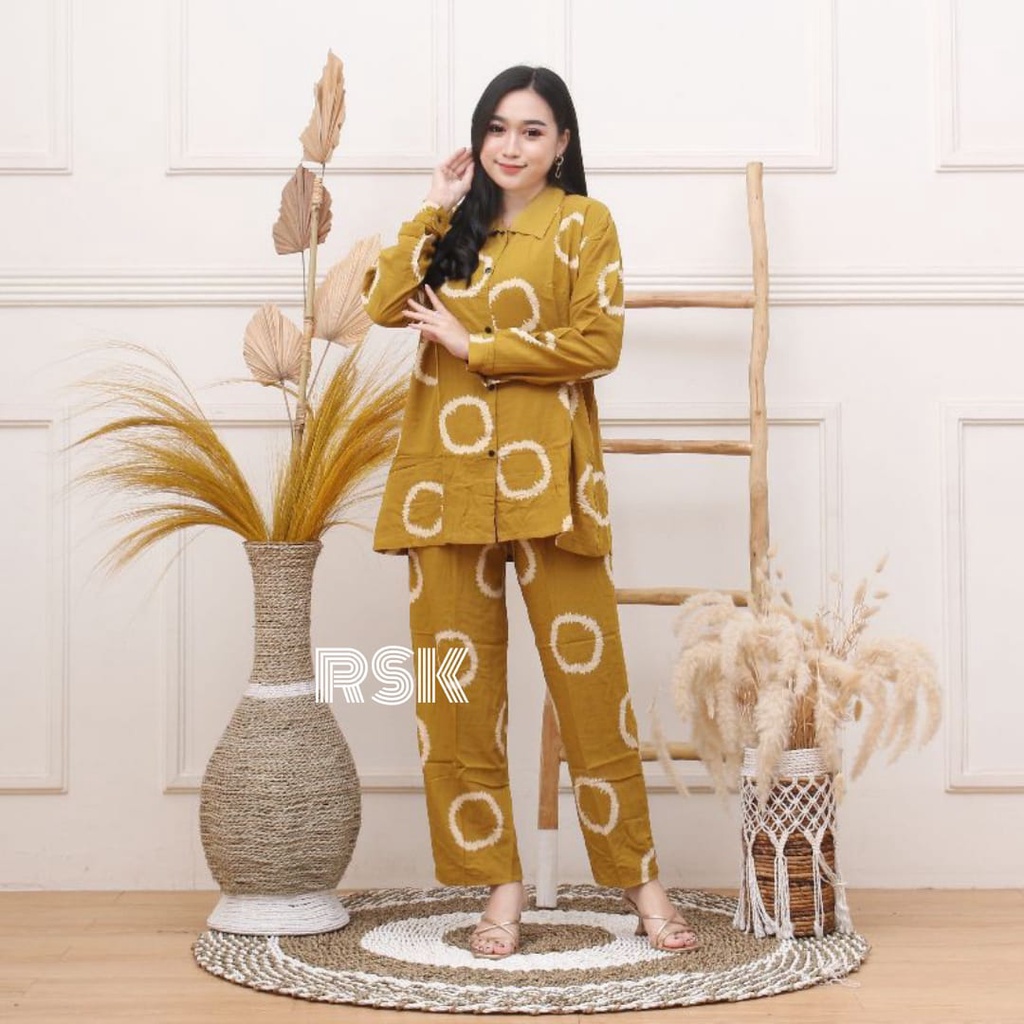 RSK - (BISA COD) Dialy One Set Pajamas Rayon -  Setelan Wanita Lengan Panjang - Setelan Tie Dye Terlaris-CINCIN MUSTARD