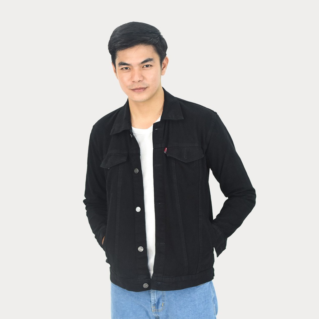 EMOLINE Jaket Jeans Pria Denim Tebal High Quality Hitam Pekat Full Black