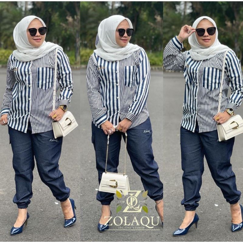 one set kemeja salur produk ZOLAQU 100% ORI