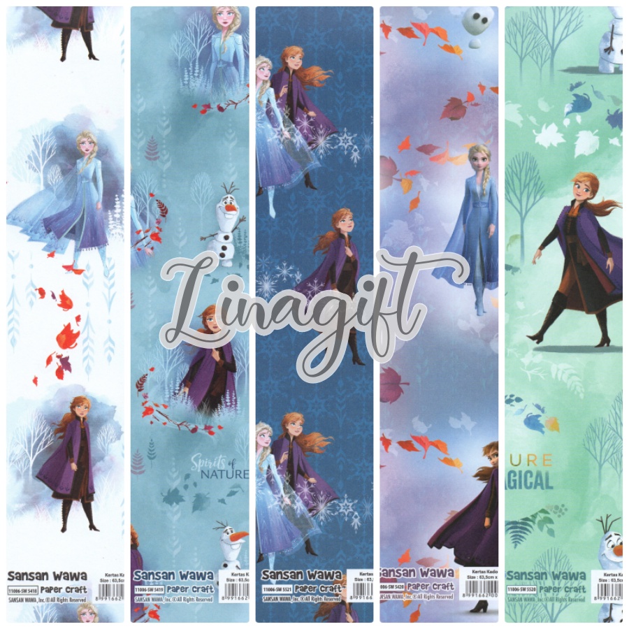 ( 5 Lembar ) FROZEN SANWA - KERTAS KADO PRINCESS ELSA / ANNA - GIFT WRAP PAPER SANSAN WAWA WALT DISNEY KRISTOFF / ICE QUEEN SVEN REINDEER OLAF SNOWMAN ICE CASTLE