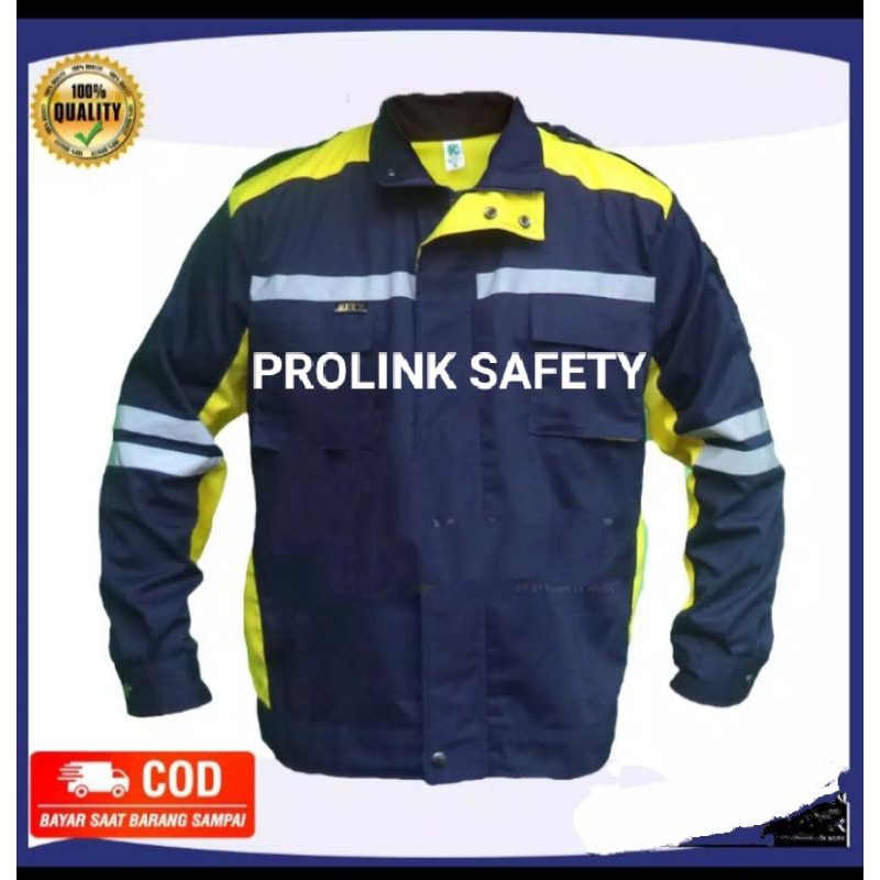 SEMI JAKET BAJU SAFETY KUNING NAVY BERLOGO K3 BENDERA KAIN DRILL WEARPACK ATASAN