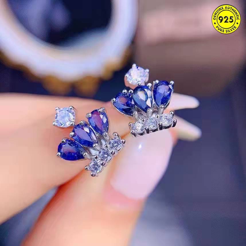 Anting Tusuk Gantung Desain Mahkota Hias Sapphire Biru Gaya Naturalmewah Untuk Wanita
