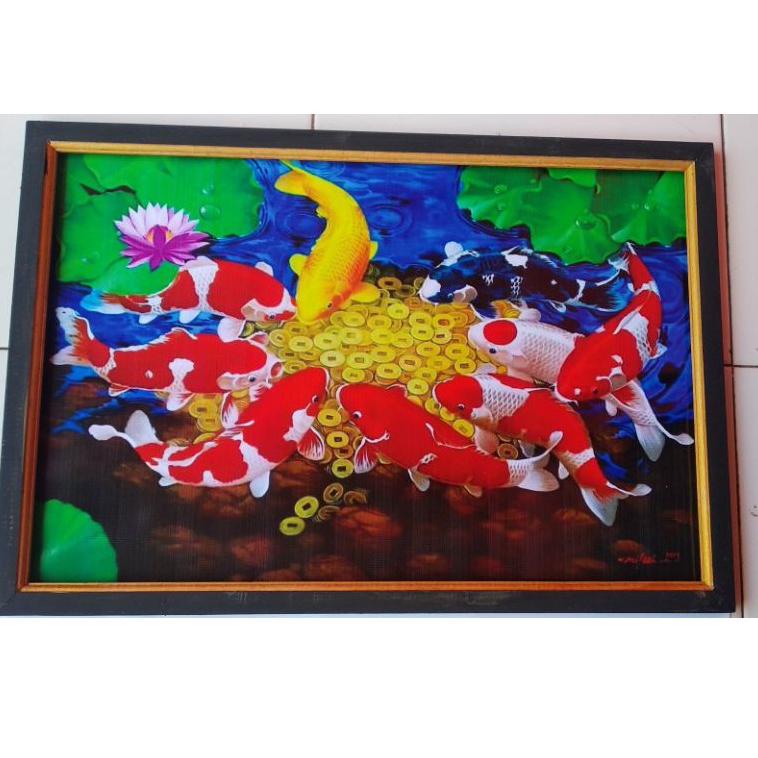 [KODE KA9RF] lukisan cetak ikan koi dan koin emas Plus bingkai