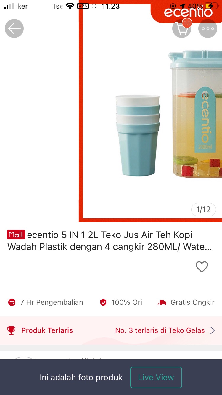 Ecentio 5 In 1 2l Teko Jus Air Teh Kopi Wadah Plastik Dengan 4 Cangkir 280ml/ Water Jug Bpa Free