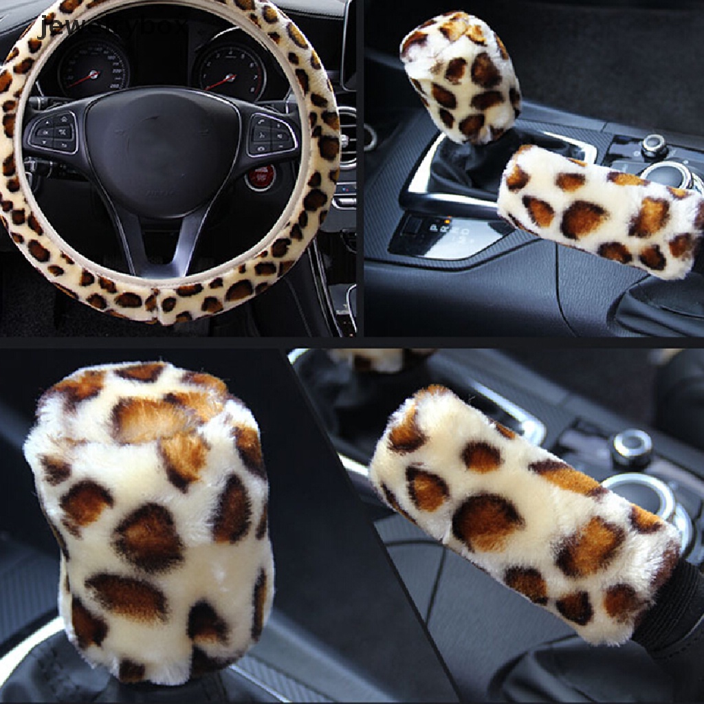 3pcs / Set Cover Stir Mobil Bahan Plush Motif Leopard Untuk Musim Dingin