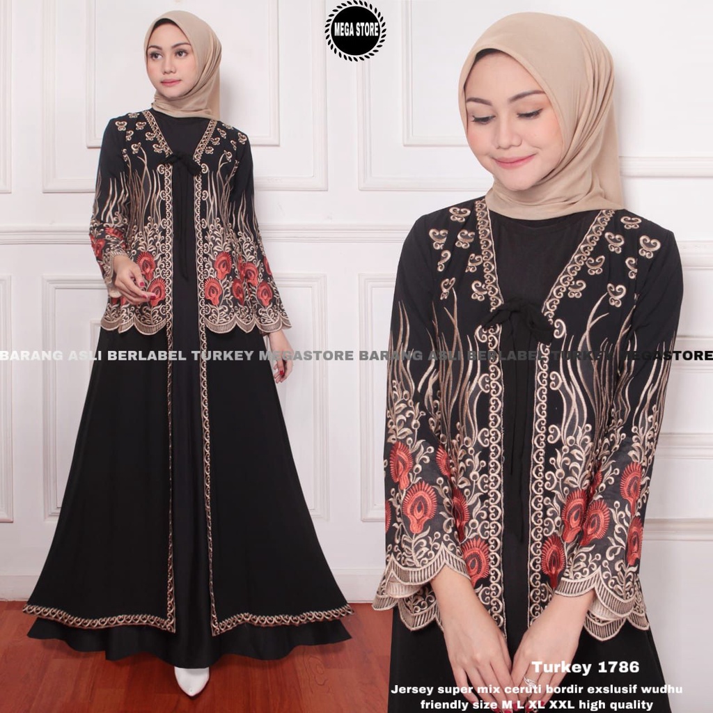 TERBARU TERMURAH 100% ORIGINAL Abaya Turki Hitam Khas Arab Full Bordir Eksklusif Gold/Emas Red Jerse
