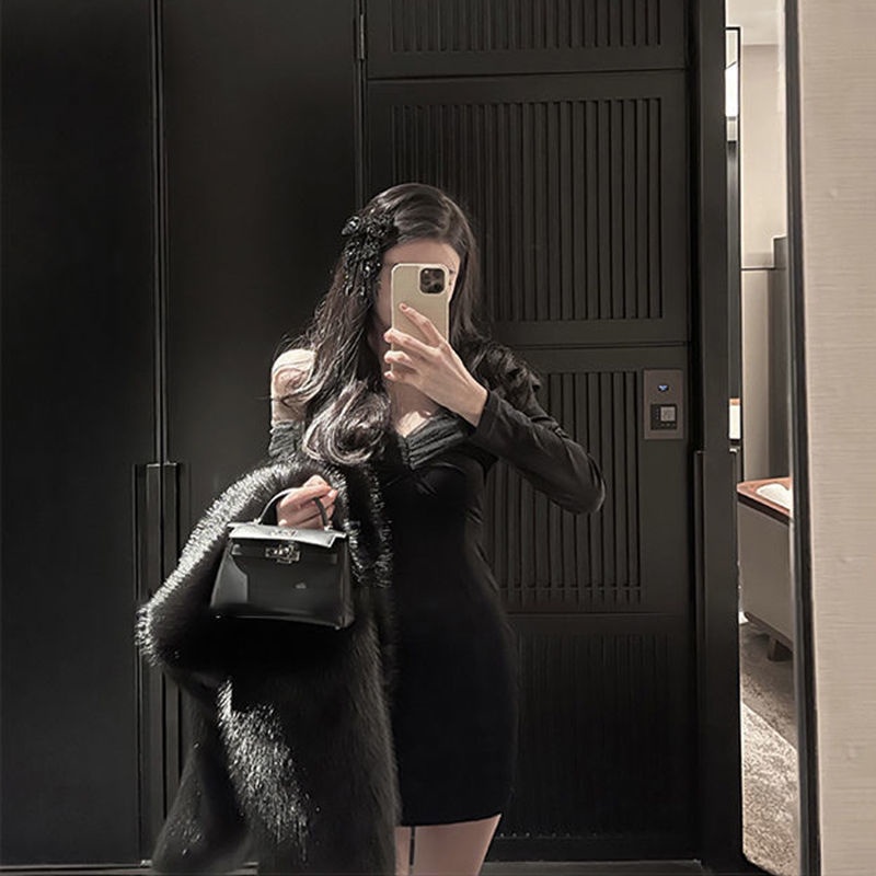 Hitam seksi hot girl beludru tas hip rok musim dingin dan musim semi temperamen baru mesh slim fit d
