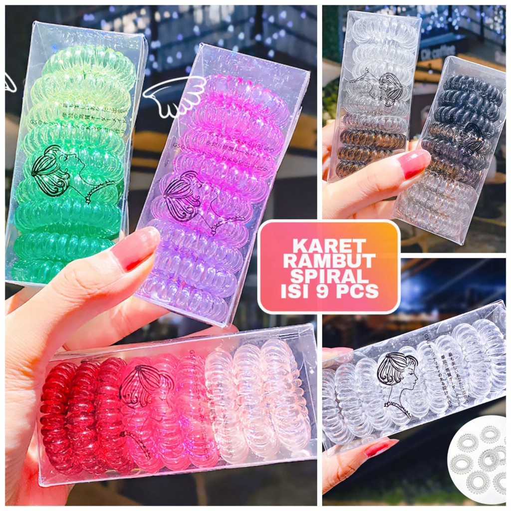 KARET RAMBUT SPIRAL ISI 9 PCS IMPORT / IKAT RAMBUT KOREA / KUNCIRAN WANITA / AKSESORIS KUNCIR CEPOL