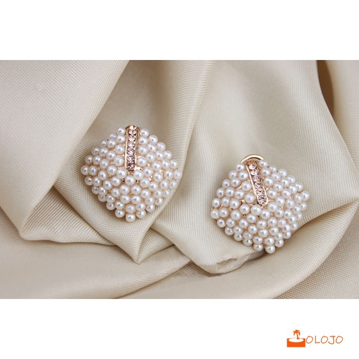 OLOJO Korea Fashion Wanita Stud Earrings Pearl Belah Anting Ketupat Kristal Berlian Imitasi Anting