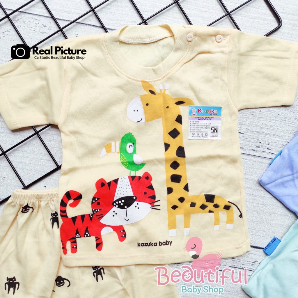 Setelan Pendek Bayi SNI 3-12 Bulan Motif Giraffe / Baju Bayi Pendek Kazuka / Setelan Harian Bayi / Kaos Oblong Bayi &amp; Anak Kancing Pundak / Beautiful Baby Shop