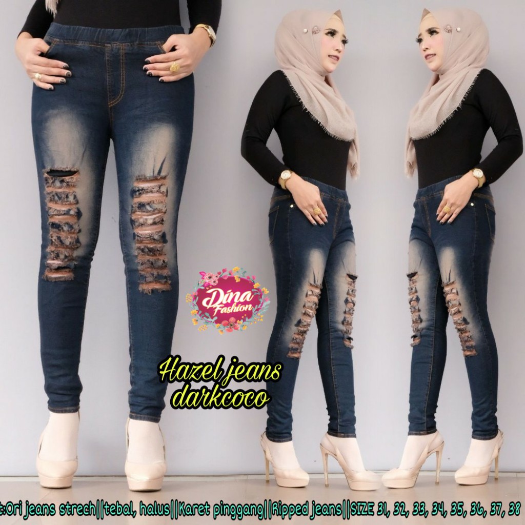 Celana Jeans Wanita Panjang Kekinian Melar Jumbo Karet Pinggang Ripped