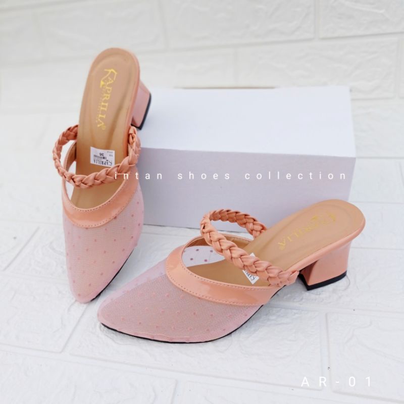 Aprilia sepatu sandal pesta wanita hak tahu 5cm/sandal bustong brukat kondangan kekinian/sepatu wanita slip on anti licin/sendal slop pesta