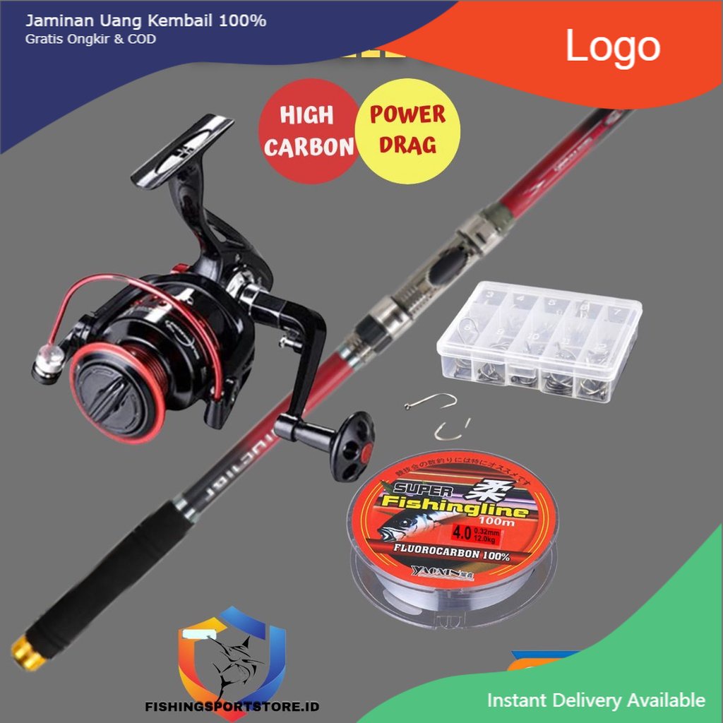 Paket Deep Sea Joran High Carbon 2.4 Meter Reel LK5000 Bonus Senar Nylon 100m Mata Kail Set Pancing 