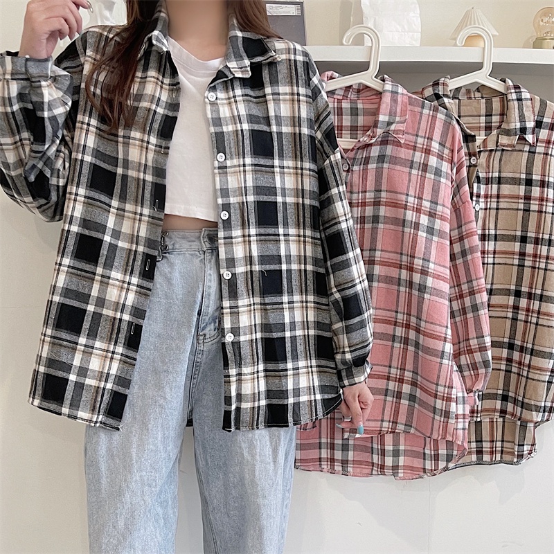 kemeja wanita Korea plaid shirt oversize retro panjang lengan semua pertandingan