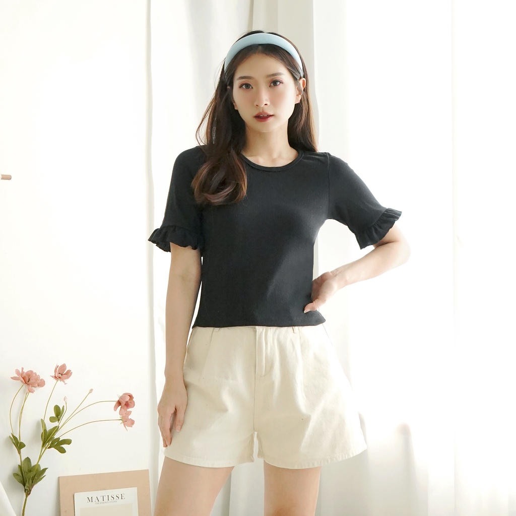 Korean Croptop Short Sleeve Top 3/4 Crop Top Tee Wanita 221