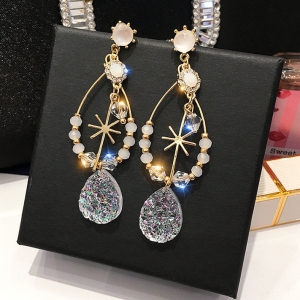 Anting Giwang Panjang Gaya Korea Bahan Sterling Silver 925 Dengan Kristal Opal Untuk Wanita