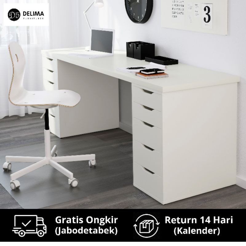 ALEX LINNMON White Desk, Meja Belajar / Meja Kerja Rumah Berlaci, Meja Kerja Kantor - Putih