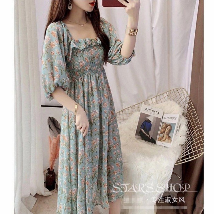 Sally Floral Midi Dress Vintage Import Dress Floral Wanita Import - Toska, all size(L0S3) FASHION WA