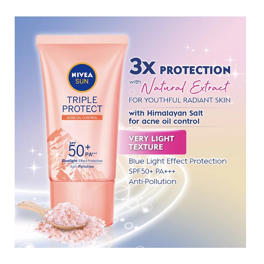 NIVEA SUN Face Serum Triple Protect SPF50 PA+++ 40mL-  Hokkaido Rose / Anti Wrinkle European Algae / Acne Oil Control Himalayan Salt - Varian Baru Sunscreen Nivea Suncreen tabir Surya Sunblock Sunblok Wajah Sun blok