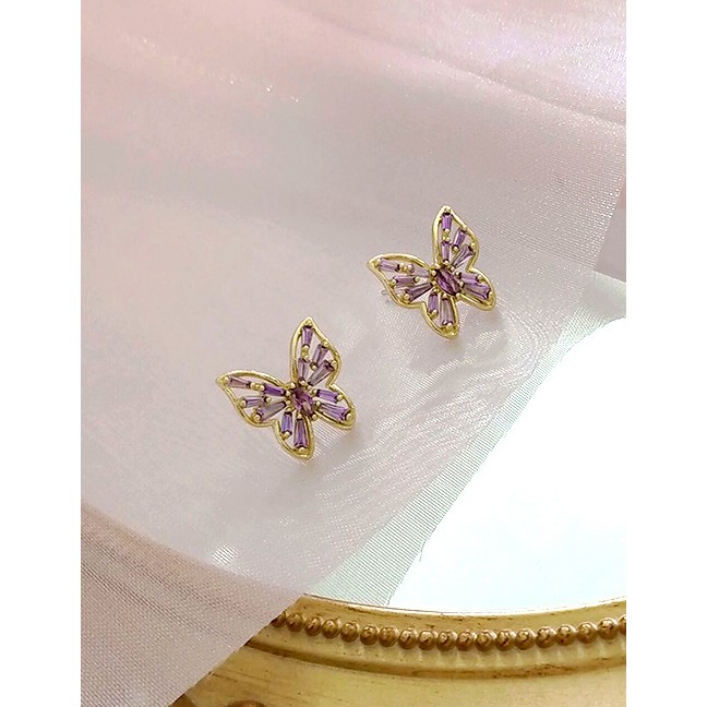 LRC Anting Tusuk Fashion Purple Transparent Crystal Butterfly Alloy Earrings K49011