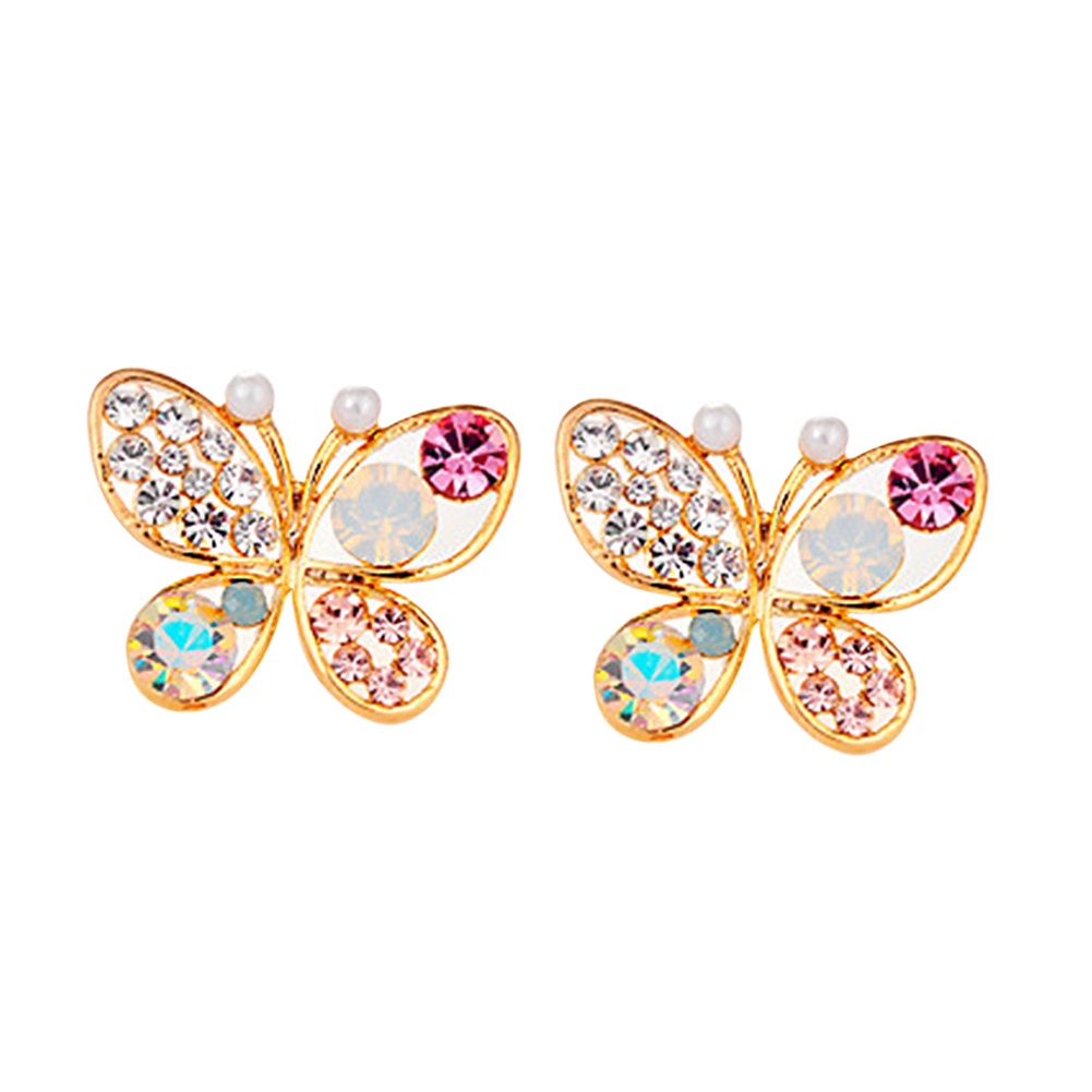 Anting Stud Bentuk Kupu-Kupu Aksen Mutiara Bahan Zirkon Warna-Warni Untuk Wanita