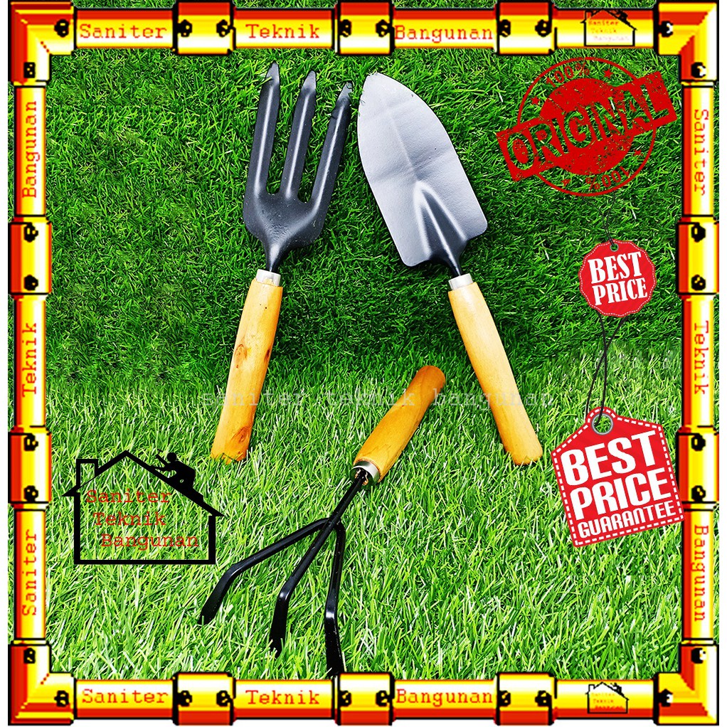 ALAT BERKEBUN SET 3 PCS BESAR GAGANG KAYU-GARDEN TOOLS-ALAT KEBUN-SEKOP GARPU GARUKAN