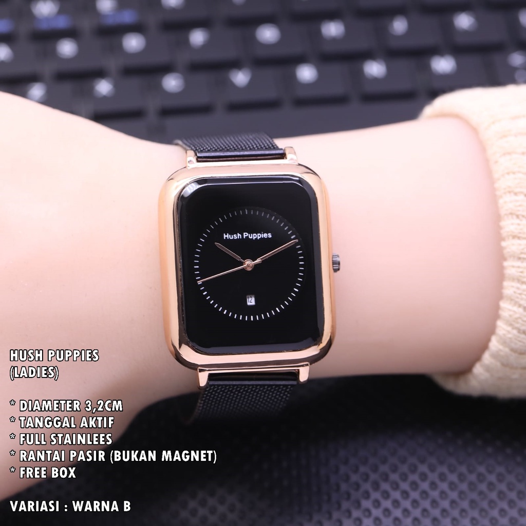 (BISA COD) JAM TANGAN WANITA HUSH PUPPIES RANTAI BODY SEGI TANGGAL AKTIF