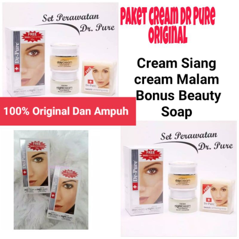 Paket Pemutih Whitening Ampuh Original Cream Siang Malam Dr Pure Bonus Beauty Soap BPOM Asli