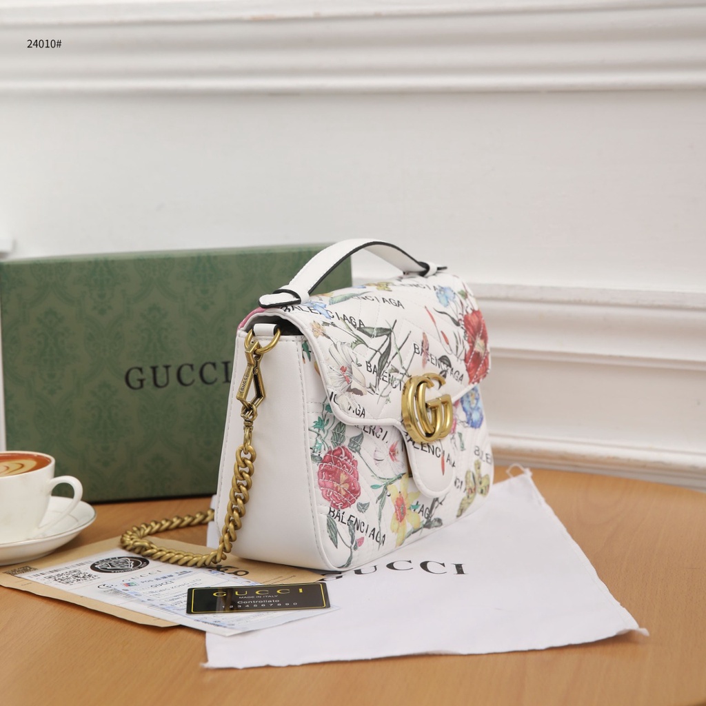 GC X BC The Hacker Project Small GG Marmont Bag Top Handle  White Flora 24010