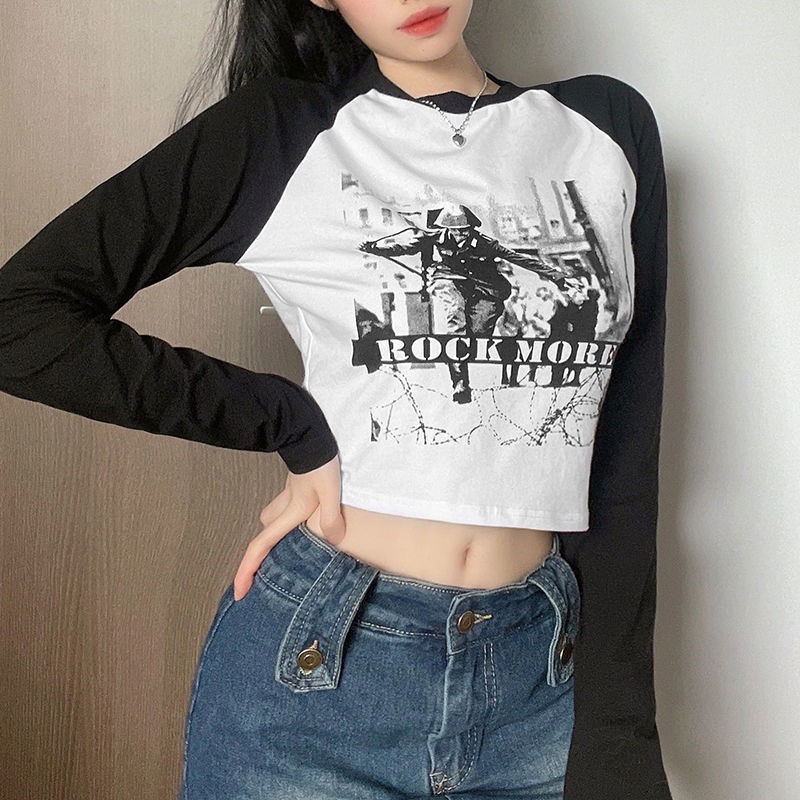 Suhao American Top Rapcopter American Print T-Shirt Wanita Lengan Panjang Raglan Lengan Ramping Atas