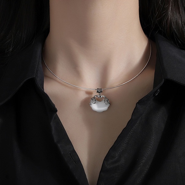 Kalung Rantai Klavikula Bahan Sterling Silver S925 Hias Liontin Giok Opal Untuk Wanita