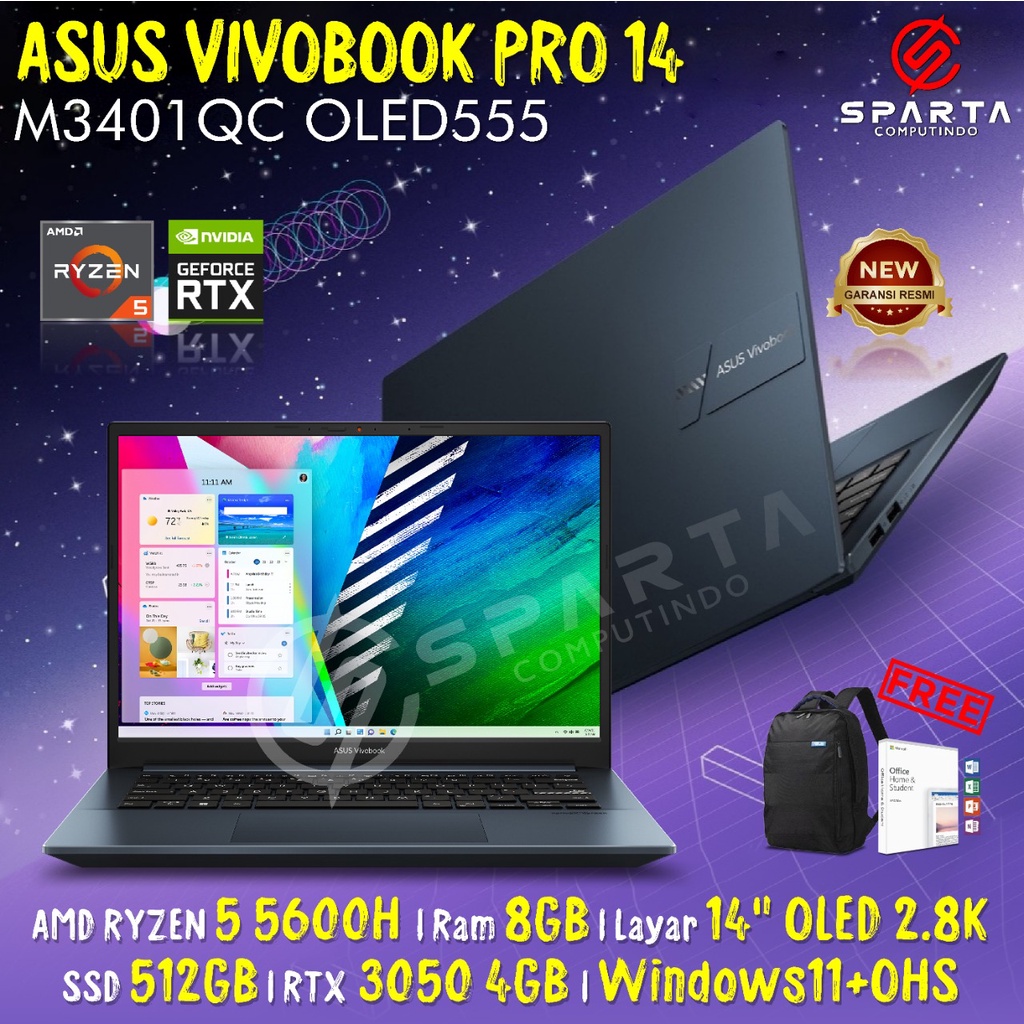 Asus Vivobook Pro 14 OLED M3401QC OLED555 AMD Ryzen 5 5600H 8GB 512GB SSD RTX 3050 14″ OLED Win 11+OHS 2021 Quiet Blue