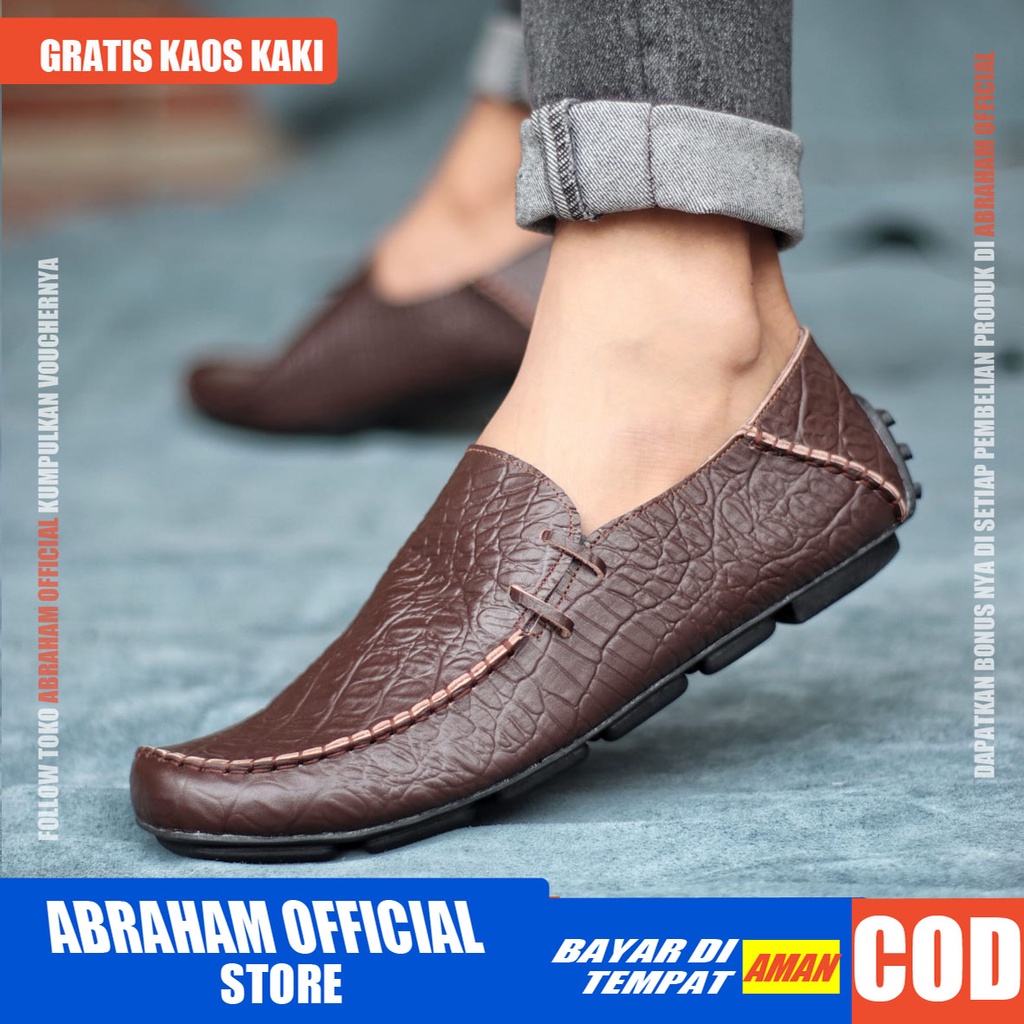 ABRHM x MOCLAY Sepatu Slip On Casual Formal Santai Slop Mocasin Anti Slip Kasual Kulit Asli Pantofel Keja Kuliah Keren Kekinian Gaya Pria Cowok / Cowo