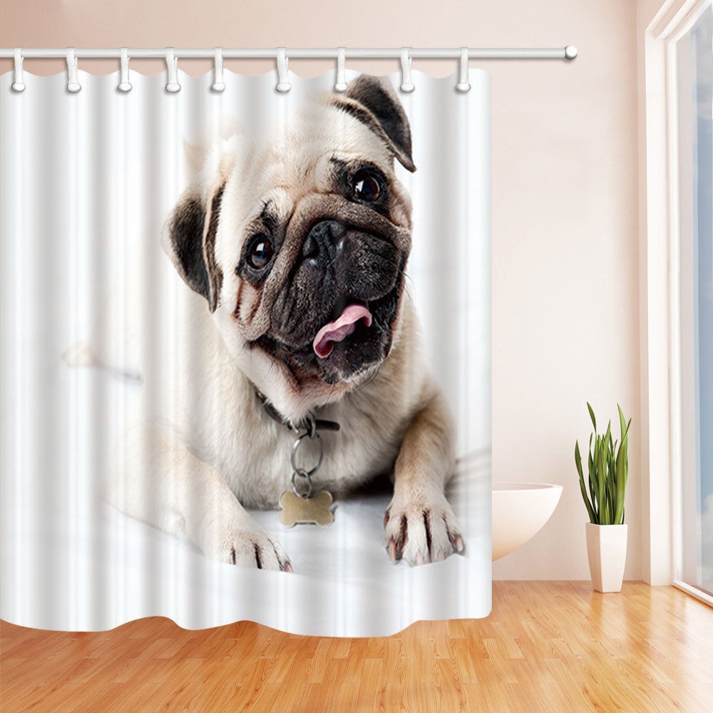 Tirai Shower Kamar Mandi Desain Anjing Pug Lucu Anti Air