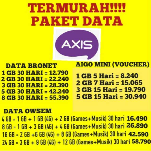 PROMO PAKET DATA BRONET AXIS, DATA OWSEM AXIS DAN PAKET AIGO MINI AXIS