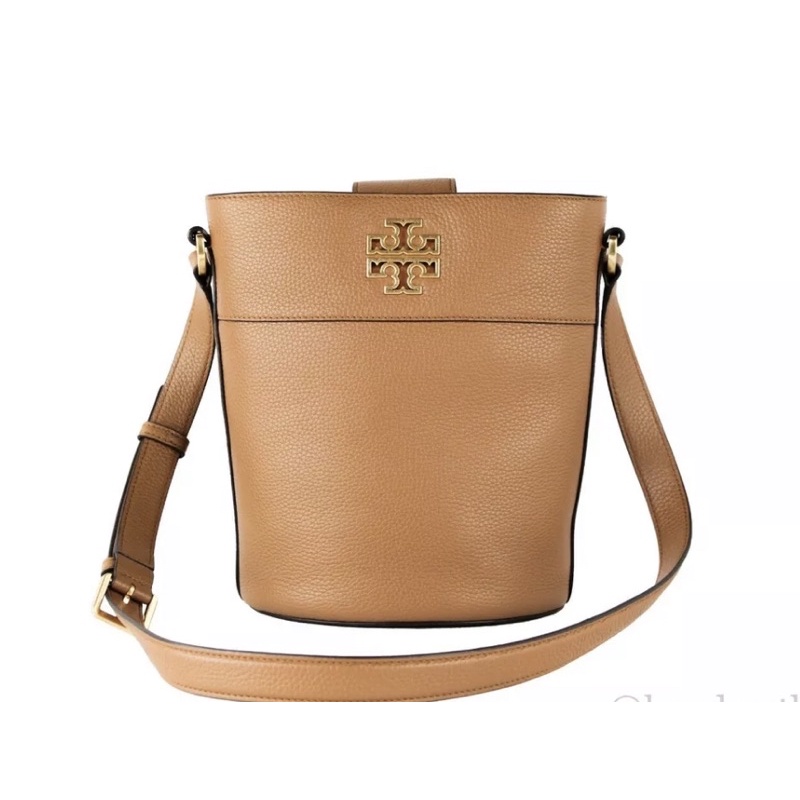 Tory Burch (79049) TB Britten Medium Bark Pebbled Leather Crossbody Bucket Handbag