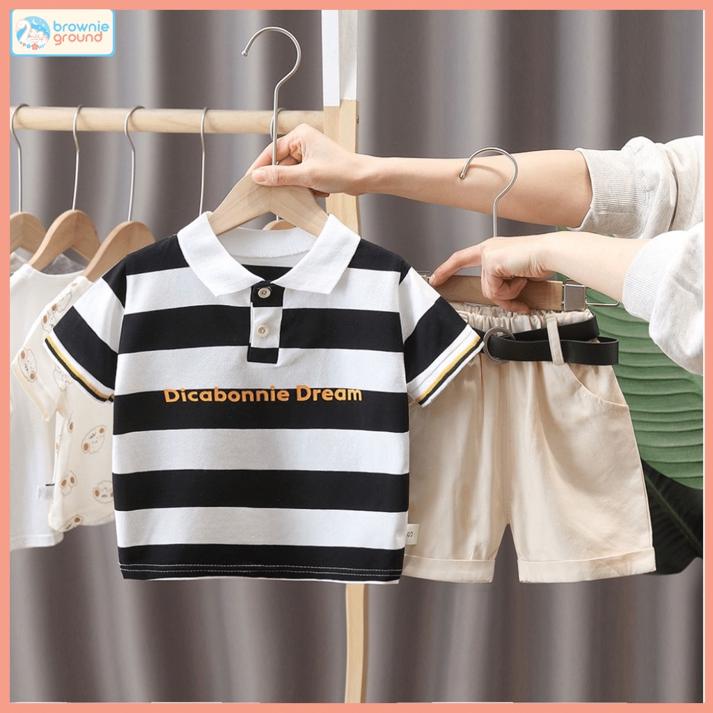 [COD] Setelan anak laki laki motif Salur Dream Hitam dan Abu baju baby impor korea   Setalan 0-5 tahun baju baby lucu / brownieground