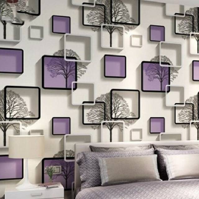 Wallpaper Sticker Dinding Ungu Motif Pohon 3D Kotak