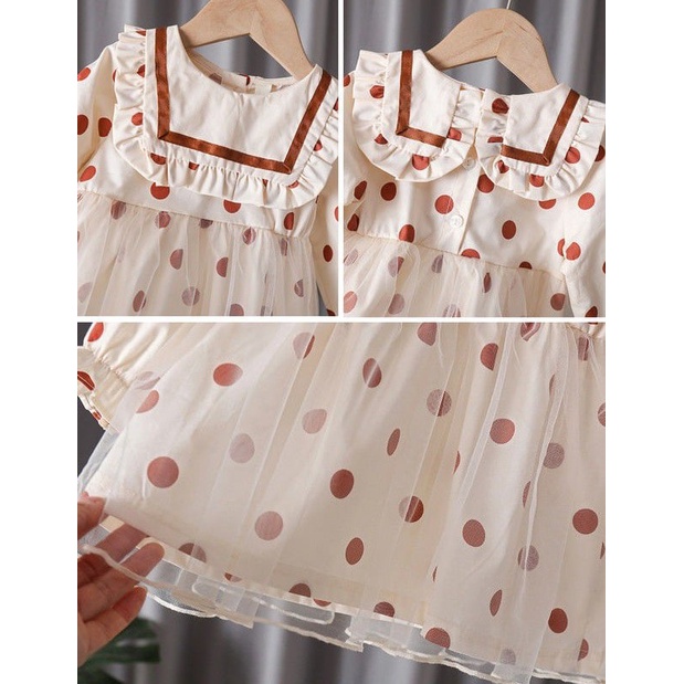 Promo !! Dress anak cewek simple / dress polka brown furing import ukuran 2-4tahun (cream hijau)