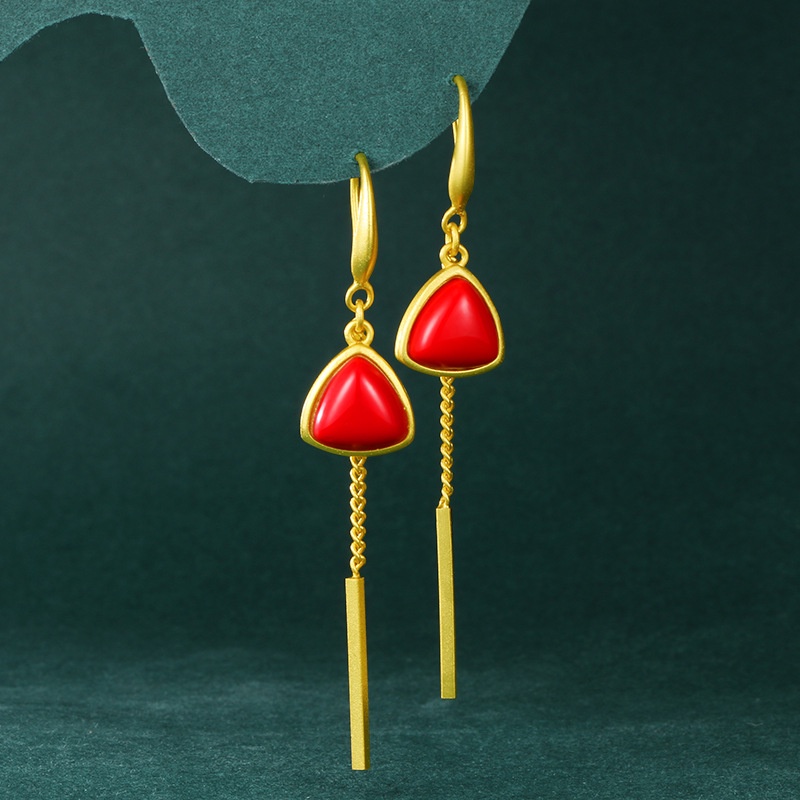 Perhiasan Anting Rumbai Panjang Lapis Emas Emas Asli Kadar 375Batu Akik Merah Gaya Vintage Korea