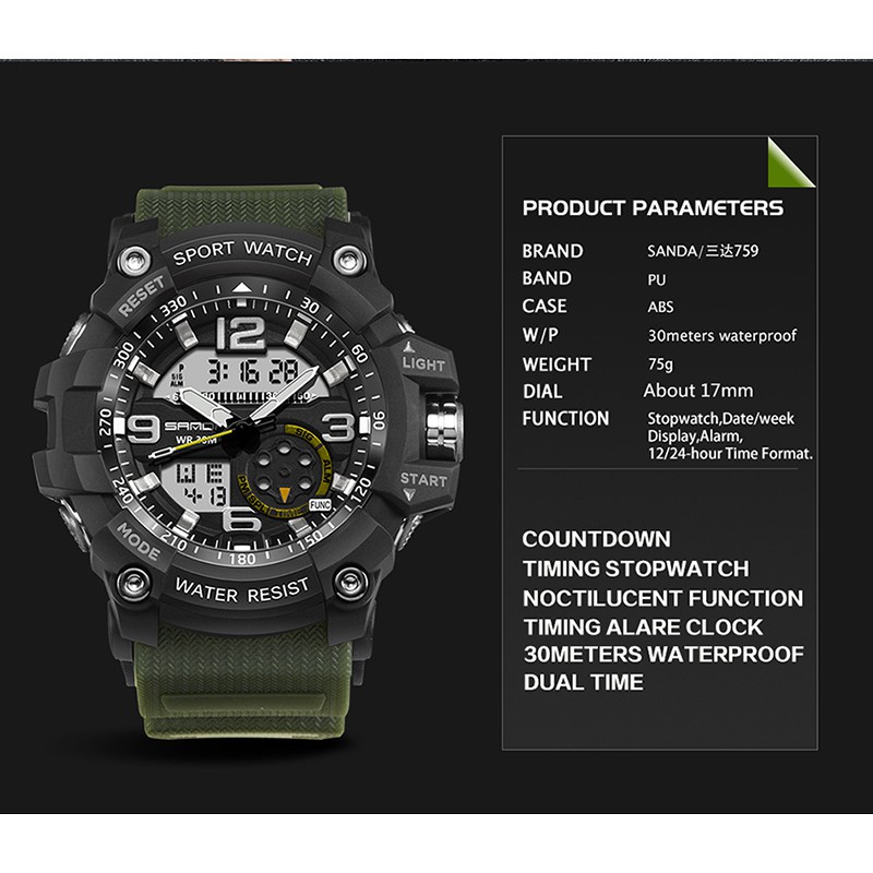 SANDA 759 Jam Tangan Pria Digital Analog Dual Time Tali Rubber WATCHKITE WKOS